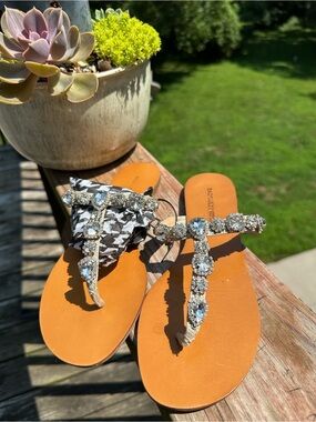 Badgley Mischka Tan Crystal Jeweled T-Strap Sandals Perfect for Weddings